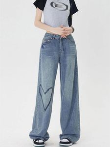 Frauen Jeans Liebe Stickmuster Sommer Dünne Straße Cooles Mädchen Bottoms Vintage Style Blue Hosen weibliche Baggy Jeanshose