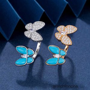 High-end Luxury Ring Fanjia V Gold New Butterfly Turquoise Blue Double Series Full Diamond Low Light High Grade Female