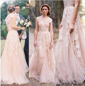 Vintage 2022 Lace Wedding Dresses Gowns Champagne Sweetheart Ruffles Cap Sleeve Deep V Neck Garden Reem Acra Bridal Gown8079062