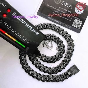 Hiphop 10mm 12mm 14mm VVS Link Sterling Sier Iced Out Black Moissanite Diamond Hip Hop Cuban Chain