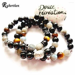 Strand Ruberthen 8 MM Black Tourmaline Tigers Eye Gray Labradorite Bracelet Womens Buddha Charm Design Energy Protection Wrist Mala