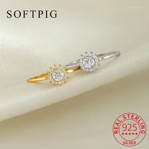 Clusterringe Softpig Real 925 Sterling Silber Zirkon Blume Verstellbarer Ring für Mode Frauen süße Pflanze Fein Schmuck Minimalist