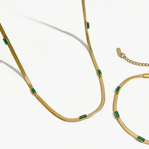Kedjor Peri'sbox Dainty 18K Gold Plated HerringBone Chain Choker Halsband med Green Baguette Zircon Trendy Girls Birthday Jewelry Gift