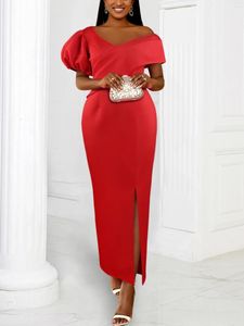 Party Dresses Aomei Red Formal Evening Gowns Elegant Women Bara axel V Neck Puff Sleeve Slite Oregelbundet Long Classy Celebrate 2024