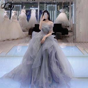 Lily Gray Tulle مناسبة مناسبة مناسبة خاصة طبقة خطية رسمية قبالة الكتف الطويل سهرة فستان Vestidos de Fiesta 240401