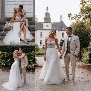 Sommer Bohemian Brautkleider Eine Linie Schatz Spitze Tüll geteilte Brautkleider Plus Größe Roben de Mariage BC18301 0418