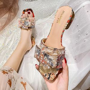 Pearl Slippers Female Summer Wear Out Coarse Heel Color Everything Fashion Rhinestone Sandals Large Size Womens Shoes 41 240409