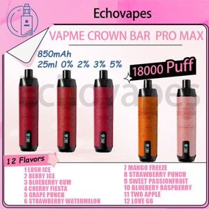 Original VapMe Crown Bar Pro Max 18000 Puff Poft descartável Vapes Pen 25ml Preso preenchido de 850mAh Bateria recarregável e cigarros pufos 18k 0% 2% 3% 5% 12 Sabores