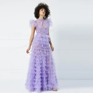 فساتين الحفلات الوهم A-line Women Prom Dress Fashion Halter Tiered Ruffles Plateed Tulle Dons