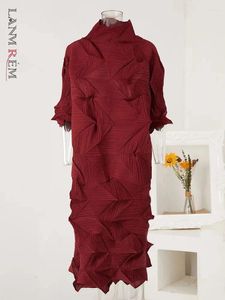 Sukienki swobodne Lanmrem 2024 Spring nieregularna plisowana damska sukienka moda moda z krótkim rękawem solidny kolor długi 26000
