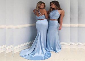 Two Piece Mermaid Light Blue Prom Dresses Sequined Chinese Halter Satin Formal Evening Party Gowns vestidos de fiesta4056071