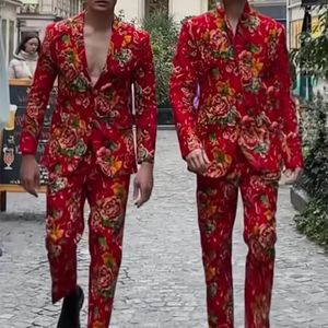 Men's Suits Men Coat Pants Suit Chinese Northeast Style Luxuriant Flower Print Pockets Lapel Cardigan Unisex Formal Jacket Trousers