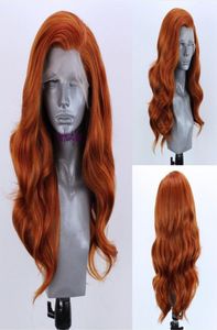 Parte laranja cor brasileira peruca natural onda longa onda de cobre Vermelho pré -arranhado peruca frontal de renda sintética para mulheres brancas4067247