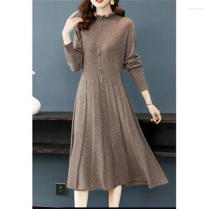 Casual Dresses Autumn Winter Woolen Dress Women's Long Pullover Half High Collar Loose Over Knee Elegant Knitwear Bottom Sweater Dres