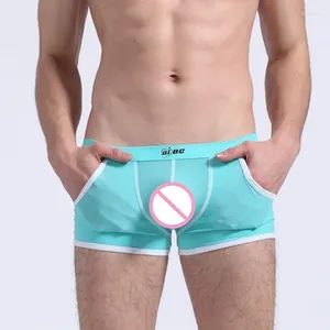 Underpants Men See Through Boxers Sexy Underwear Transparent Shorts Gay Penis Pouch Sleep Bottoms Side Pockets