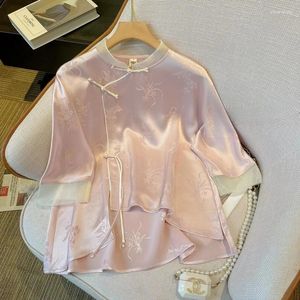 Blusas femininas Camisas de cetim impressas estilo chinês de verão solto mangas curtas mulheres tops roupas de moda ycmyunyan