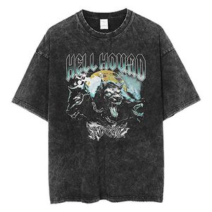 Hell Hound Hell Hound Print tvättat och nödställt kortärmad lös hip-hop high street t-shirt med kanter