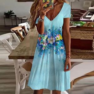 Casual Dresses Floral Printed Dress Summer Boho Women Beach Sundress Short Sleeve V Neck Robe Ladies Fashion Evening Vestidos