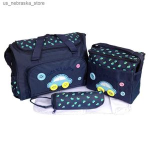 DIAPER Väskor 4-i-1 Multifunktionellt bilmönster stor kapacitet Baby Diaper Pyja Pajase Padd Travel Mummy Bag Handväska Set (Deep Blue) Q240418