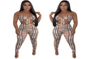 Women Plaid Stampa pantaloni a due pezzi Set Summer Sexy Strapless Bow Bandage Crop Top Top Top Slim Pant Suit Outfits8173364