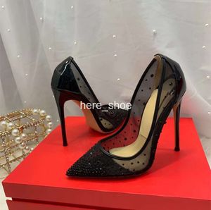 Designer casual sexy Lady Fashion Women Shoes Black Mesh glitter Crystal Pinty Talda di punta di piedi Zapatos Mujer Prom Evening Pompe 12 cm