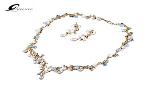 Queenco Crystal Teardrop Hochzeit Schmucksets Rhineton Choker Halskette und Ohrringe Goldfarbe Brautschmucksets für Frauen3168006