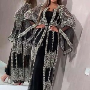 Abaya Dubai Muslim Kleid Hochschicht Pailletten Stickerei Spitze Ramadan Kaftan Islam Kimono Frauen Schwarze Maxi Kleider
