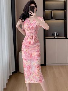 캐주얼 드레스 여름 핑크 플로럴 메시 세련