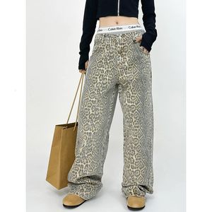 American Retro High Street Casual Overalls Leopard Print Loose Wide Leg Pants for Women Y2K Hiphop Cargo Grunge Baggy byxor 240409