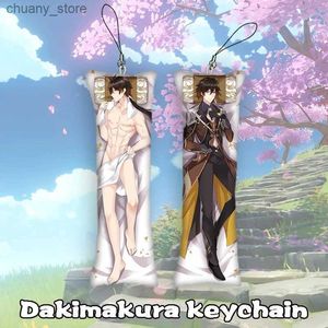 Keychains Lanyards 4x12cmGenshin Impact Dakimakura Keychain Double Sided Cool Man Zhongli Mini Key Chain Hanging Ornament Phone Cute Gift Y240417