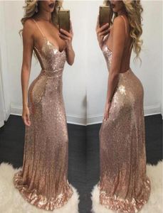 Backless Spaghettistist Sexig sjöjungfru aftonklänningar Rose Gold paljetter Prom Dresses Open Back Pageant -klänningar Anpassade 2018 BA67427820180