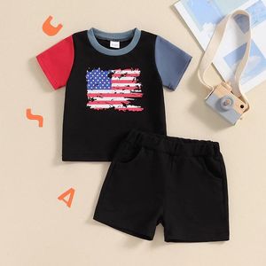 Kleidungssets 2024-02-28 Lioraitiin 3-24 m Kleinkind Baby Jungen 4. Juli Shorts Kurzschlärm Flagge Druckobert Spitzen Feste Farbe