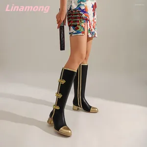 Botas simples fivela de disco da moda feminina feminina dedo redondo de pé grosso de calcanhar médio combinando sapatos casuais de estilo étnico de grandes dimensões