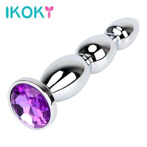 Ikoky big size jewel anal plug anal massagem de metal contas de metal longa brinquedos sexy para homens homens eróticos para adultos lojas