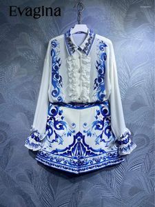 Kadınların Takipleri Evagina İlkbahar/Yaz Pamuk Polyester Moda Baskı Boncuklu Dönüşü Uzun Kollu Mavi İki Parçalı Set