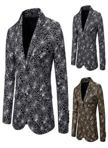 Suits Blazers Men039s slim fashion spider web gilt print suit dress show coat x1376998130