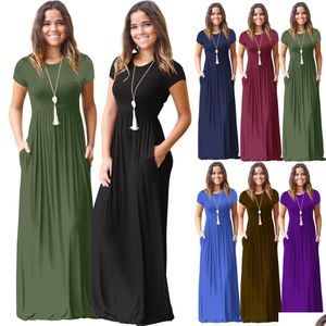 Basic Casual Kleider Sommerkleid plus Größe Frauenkleidung Designer Frauen Kurzarm losen schlichten langen Maxi mit Taschen Kleidung DH48Q