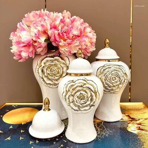 Vasen Europäischer Stil elektroplattiert goldener Keramik General Jar Vase Dekoration Licht Luxushandwerk Probe Raum Weich