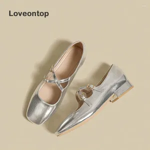 Dress Shoes Loveontop Soft Silver Mary Jane Summer French Shallow Mouth Retro Square Toe Flat Single-layer