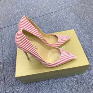 Sandals 2021 New Patent Leather High Heels 8cm 10cm 12cm Pointed Fashion Color Matching Stripe Soft Leather Wedding Shoes