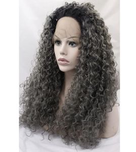 Ombre afro извращенные вьющиеся темно -серое синтетическое кружево переднее парик с бесцветным двумя тональными натуральные черные серебряные серые теплостойкие волосы Wi2946782