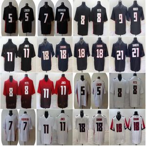 Mens Kirk Cousins 18 Bijan Robinson 7 Jersey de futebol Drake London 5 Kyle Pitts 8 Julio Jones 11 Deion Sanders 21 Desmond Ridder 9 Black White Red Stitcheded