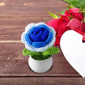 Decorative Flowers Artificial Rose Pots Handwoven Simulation Pot Knitting Flower Bonsai Mini Cute Style Diy Crochet Knitted Potted For