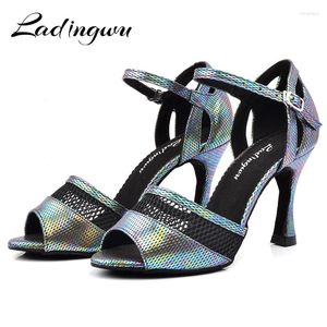 Dansskor Ladingwu Women Latin 9cm Cuban Heel Salsa Sandaler Metal Grey Pu Discoloration and Mesh Zapatos de Mujer