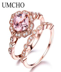 UMCHO 925 Sterling Silver Ring Set Female Morganite Engagement Wedding Band Bridal Vintage Stacking Rings for Women Fine Jewelry J1771578