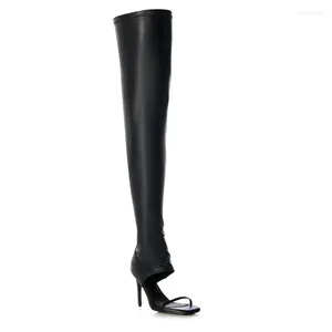 Stövlar 2024 Black Open Toe Cold Over The Knee Sexy Stiletto Heels Women's Long Fashion Women Sandal