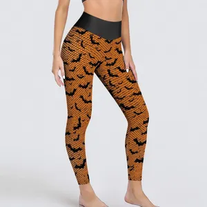Kvinnors leggings halloween bat orange och svart fitness som kör yoga byxor kvinnor höga midja mode leggins sexiga sömlösa sportstrumpbyxor