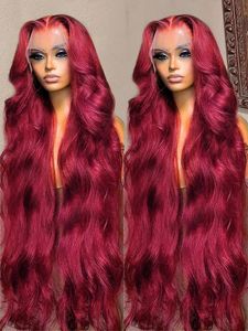 30 36 tum Bourgogne Body Wave Red Spets Front Hume Hair 99J Colored 13x4 13x6 HD Frontal S For Women 240408