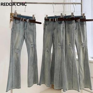 Kvinnors jeans Reddachic Blue Wash Ripped Women Flare High Rise Stricchy Stretchy byxor Bell Bottoms Korean Basic Solid Bootcut Pants