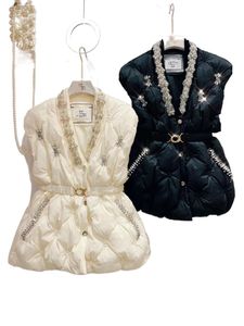 Women rhinestone beading cotton v-neck with belt sashes padded desinger vest coat SML